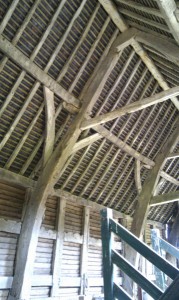 Oak framed barn, 17th century, beside Little Moreton Hall, Congleton Cheshire.