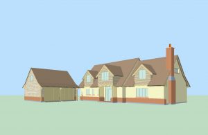 New house in Little Budworth with oak frame. Architects image of a house with traditional dormers and detached garage