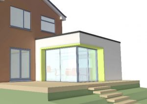 Architects impression of a home extension with white walls, flat roof and sliding corner door. Lime coloured door surround.