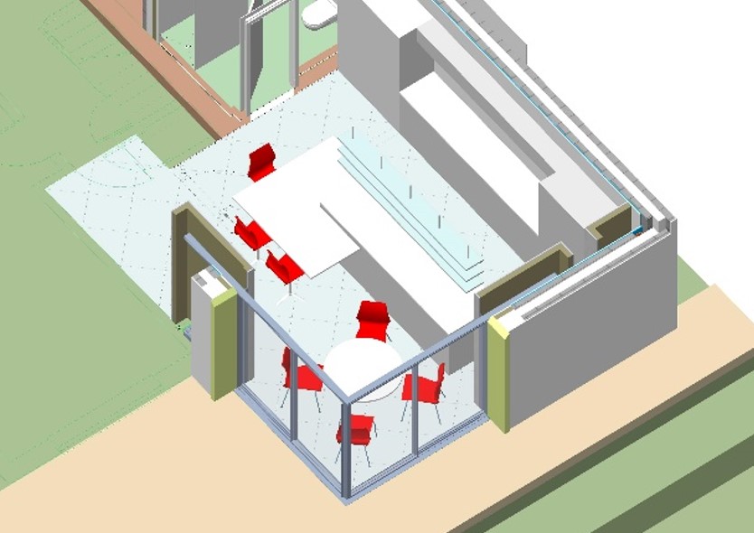Aerial cutaway view of kitchen extension. Shows Sky Frame sliding glass door