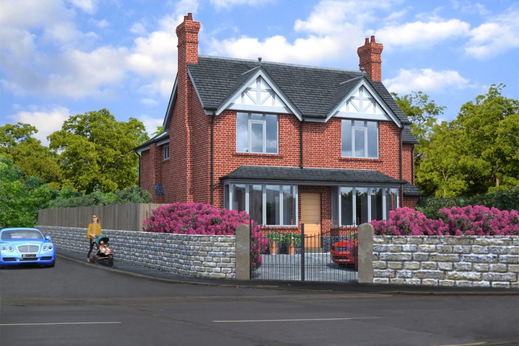 Red brick Sanbach townhouse two storey with gables over windows. Trees, in leaf, behind. Purple flowering shrubs in foreground.