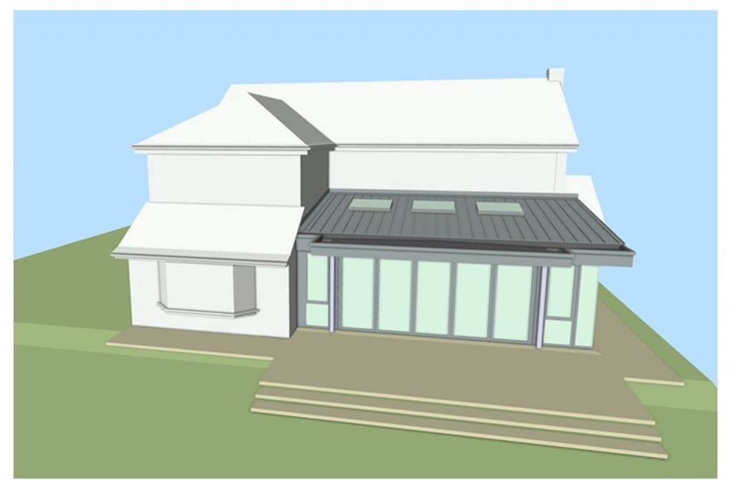 Computer image of a grey metal roof on a deep extension in Prestbury. Glass walls. Five leaf Bifolding Door